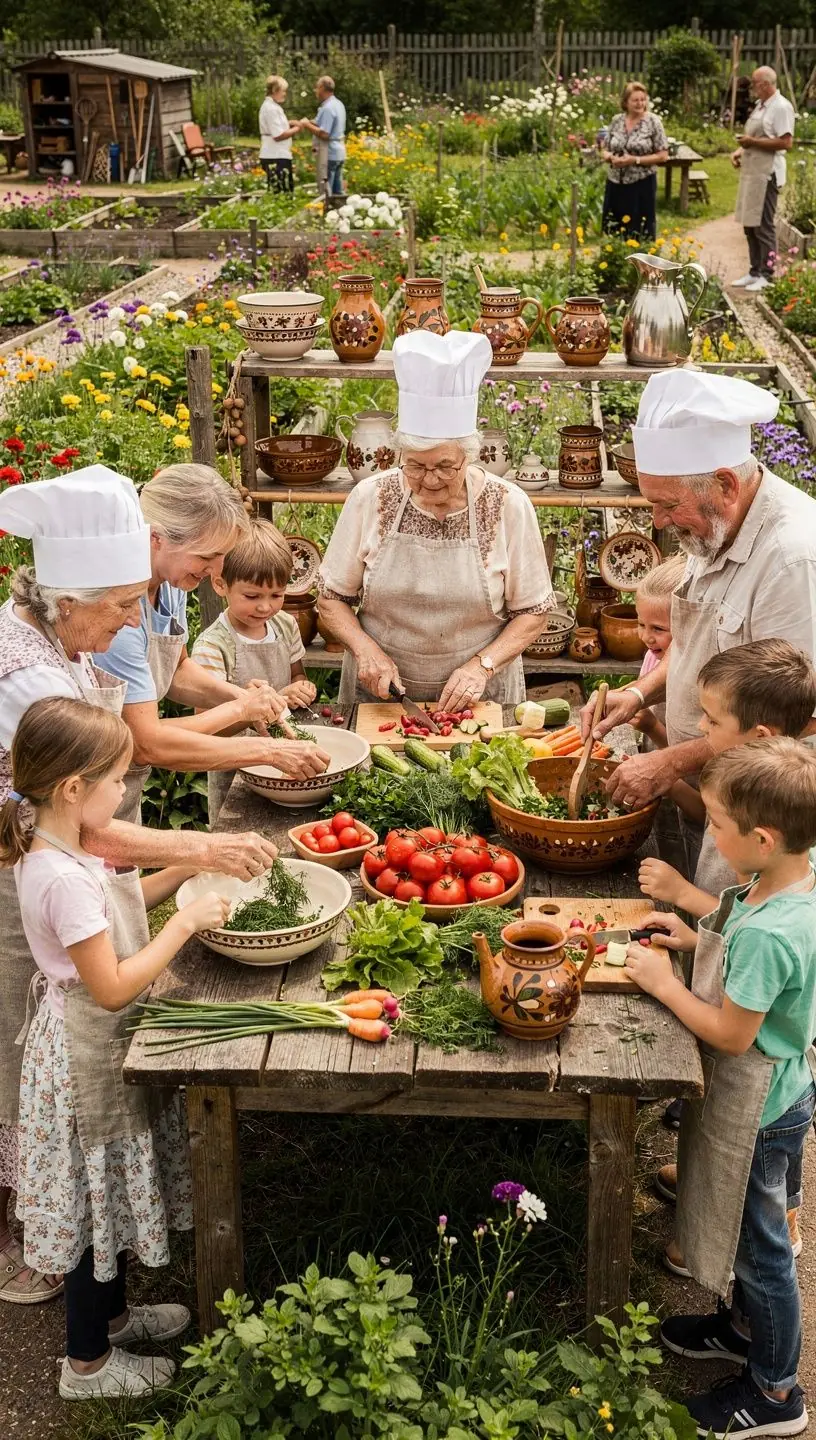 Bērni spēlējas, mācoties par dabu un kultūru kopā ar vecvecākiem.